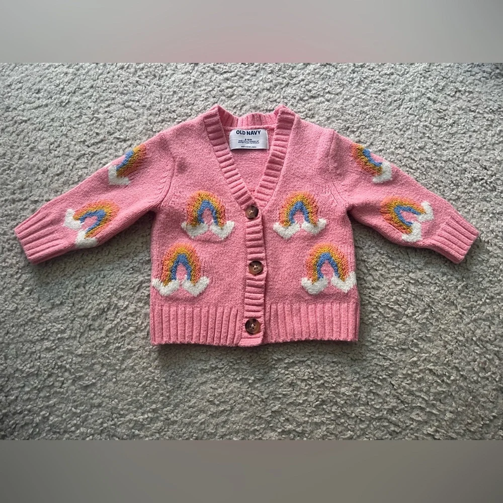 Old Navy Rainbow Knit Cardigan 6–12M | Pink Button Front Sweater - Picture 1 of 4